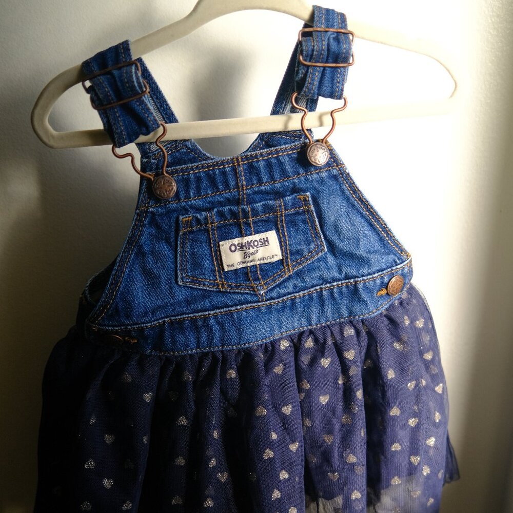 Baby Oshkosh denim overall dress with navy Tulle Hearts